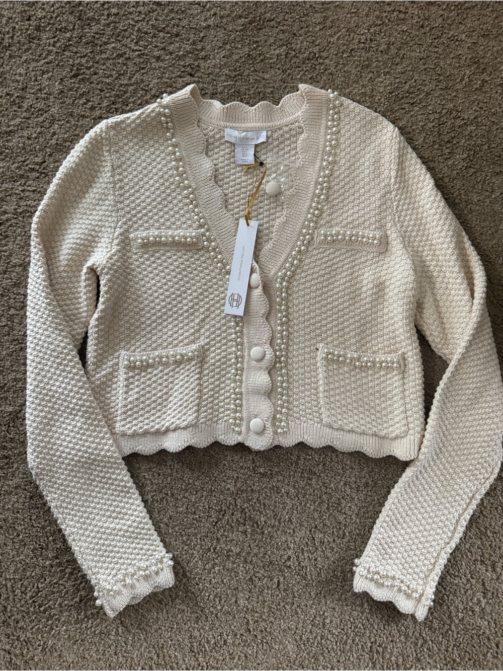 House of Harlow 1960 Ivory Pearl-Trim Cropped Cardigan